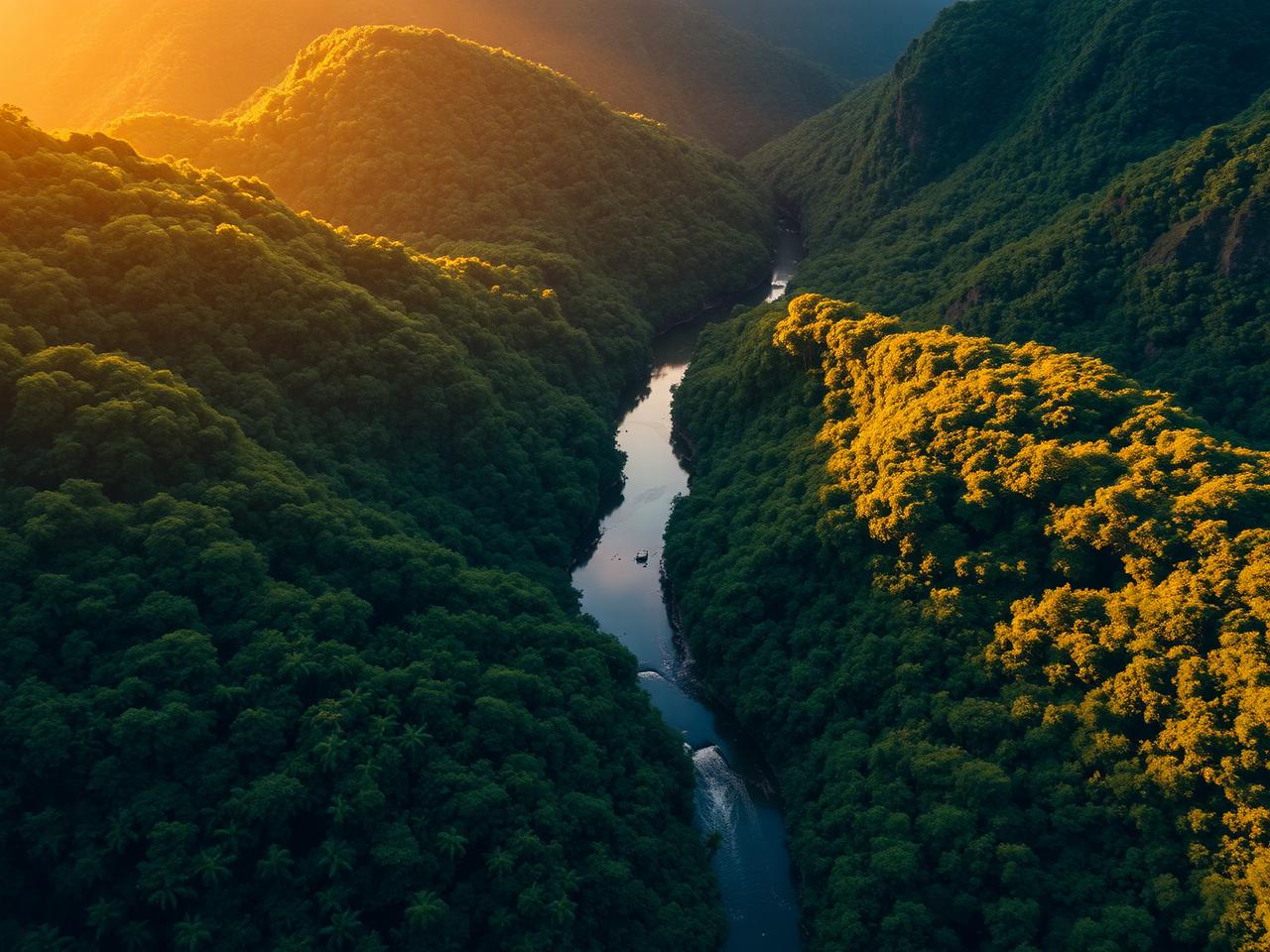 Drone view over jungle river