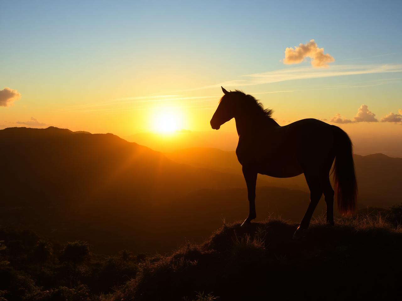 Horse silhouette on mountain ridge
